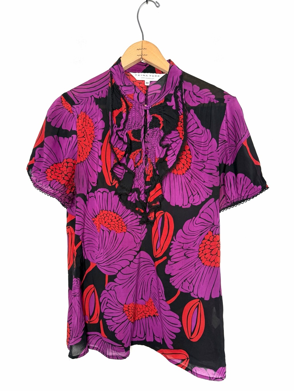 Trina Turk Purple and Orange Floral Short Sleeve Silk Blouse Size Medium
